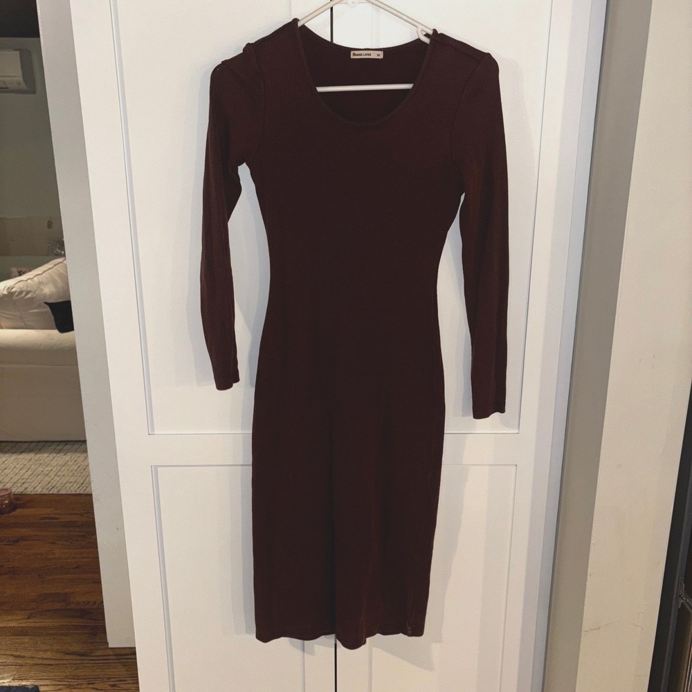 Marine Layer Brown Ribbed Midi Dress Long Sleeve Scoop Neck Womens